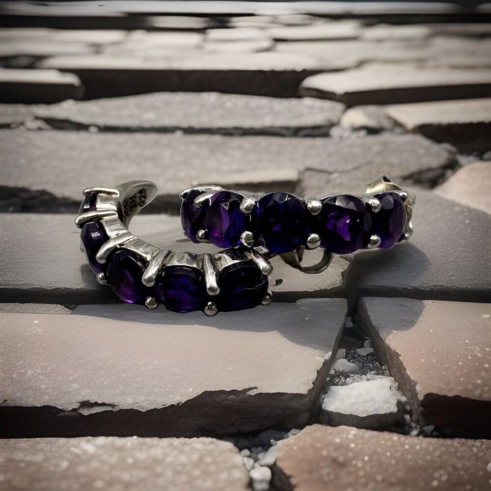 Dark Amethyst & Sterling Hoop Earrings .75 L - Picture 5 of 5